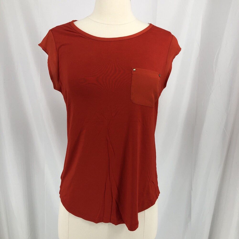 Calvin Klein Women's Shirt Top Size Small Cap Sleeves, Front Pocket Red